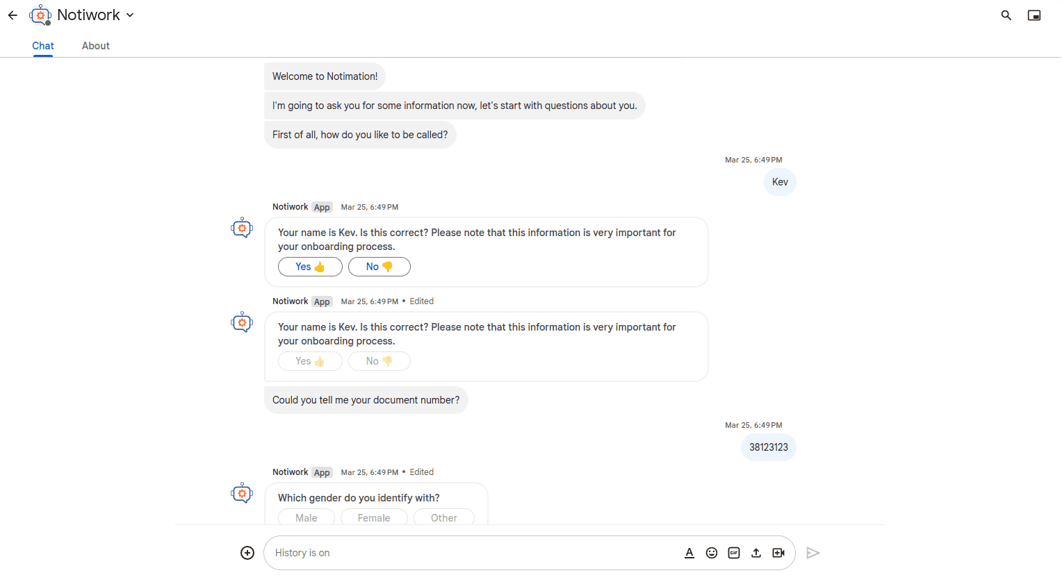 Ejemplo conversación con el bot de onboarding