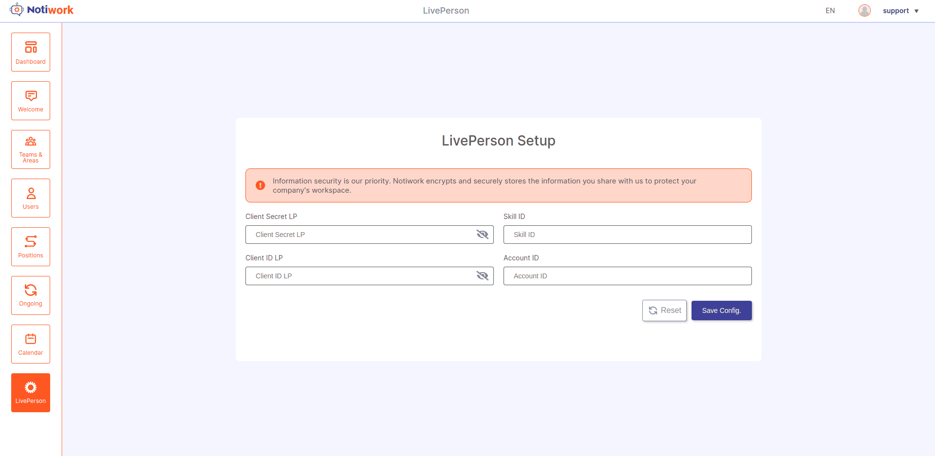 Página de configuración de LivePerson